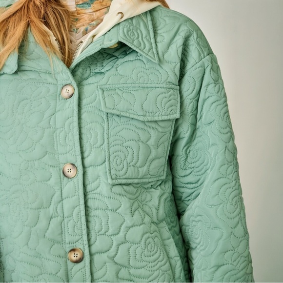 Twofer Seafoam Green Quilted Jacket Floral Stitch Cozy Layer - Picture 9 of 10